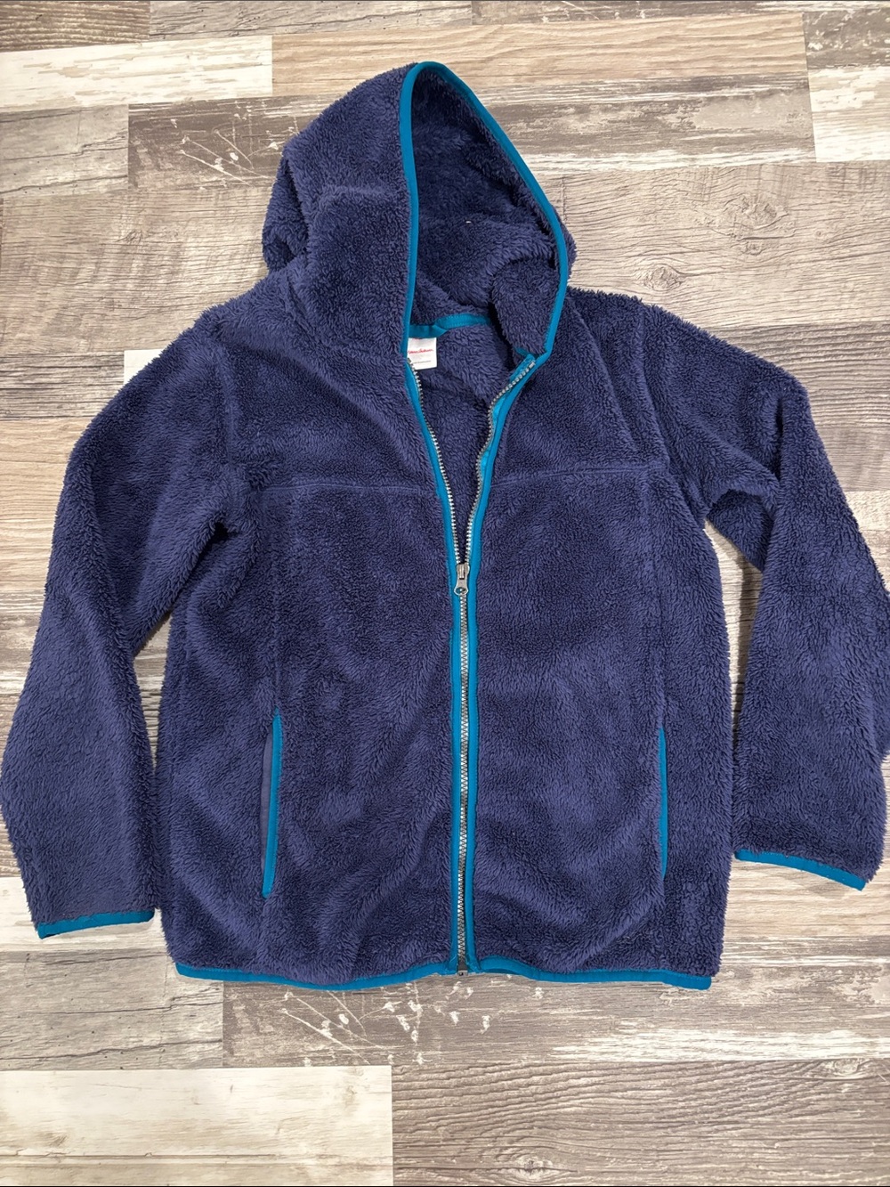 Hanna Andersson Navy Plush Hooded Zip Jacket with Teal Trim